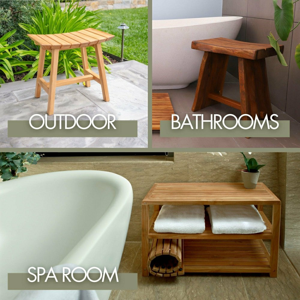 Tanzania Oiled Teak Shower and Bath Corner Stool with Shelf - 17.5" | Plow & Hearth