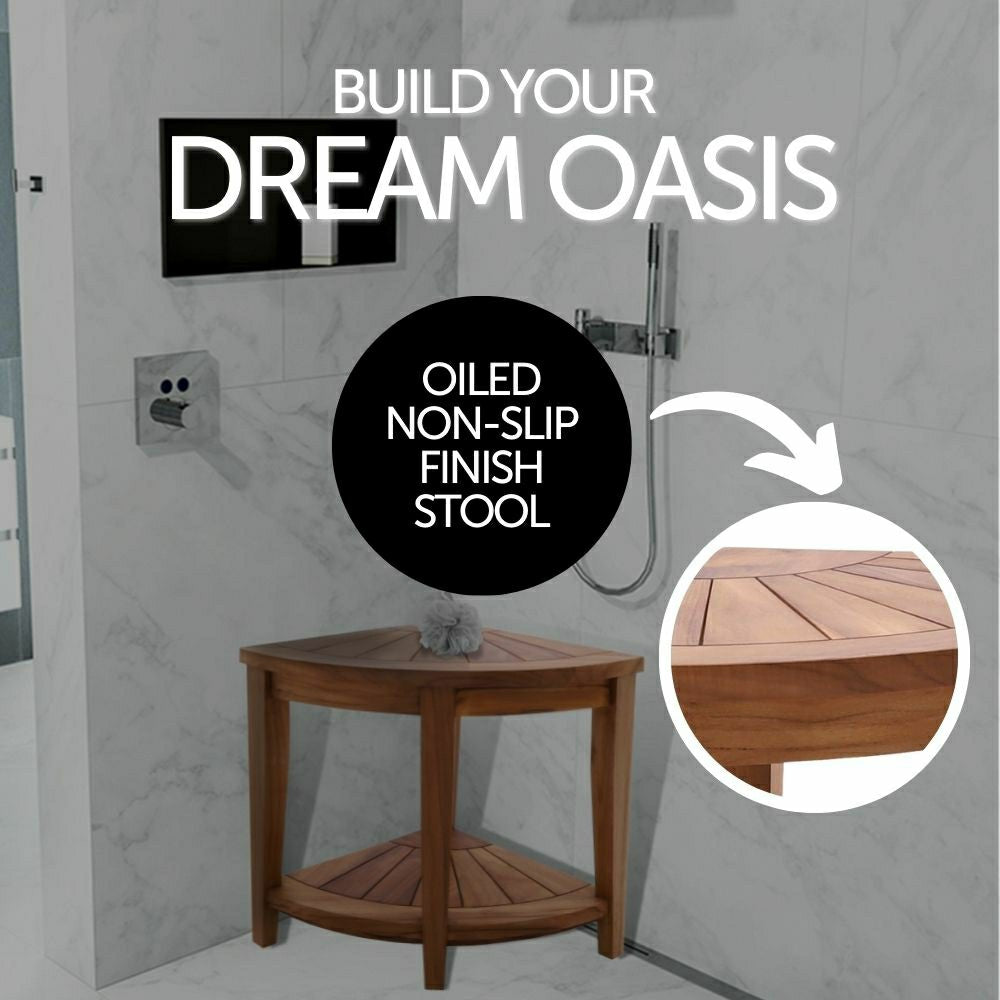 Tanzania Oiled Teak Shower and Bath Corner Stool with Shelf - 17.5" | Plow & Hearth