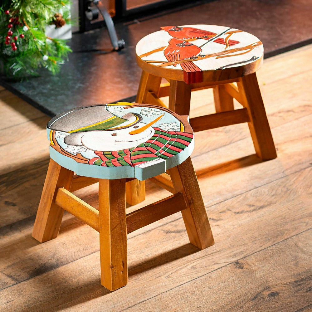 Carved Wooden Footstool with Cardinal Design | Plow & Hearth