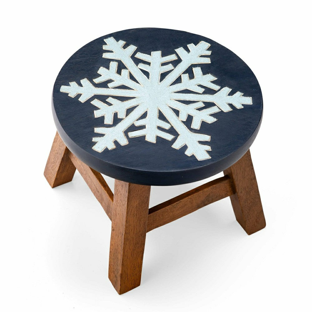 Hand-Carved Acacia Wood Glittery Snowflake Footstool | Plow & Hearth