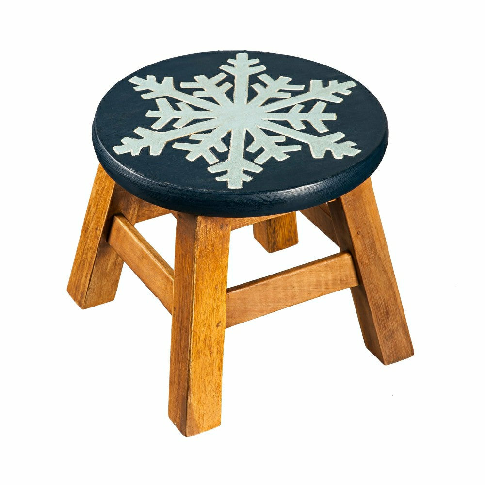 Hand-Carved Acacia Wood Glittery Snowflake Footstool | Plow & Hearth