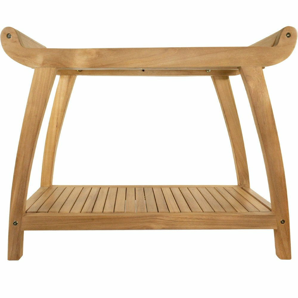 Norwegian Natural Teak Shower and Bath Curved Spa Bench with Shelf - 3 | Plow & Hearth