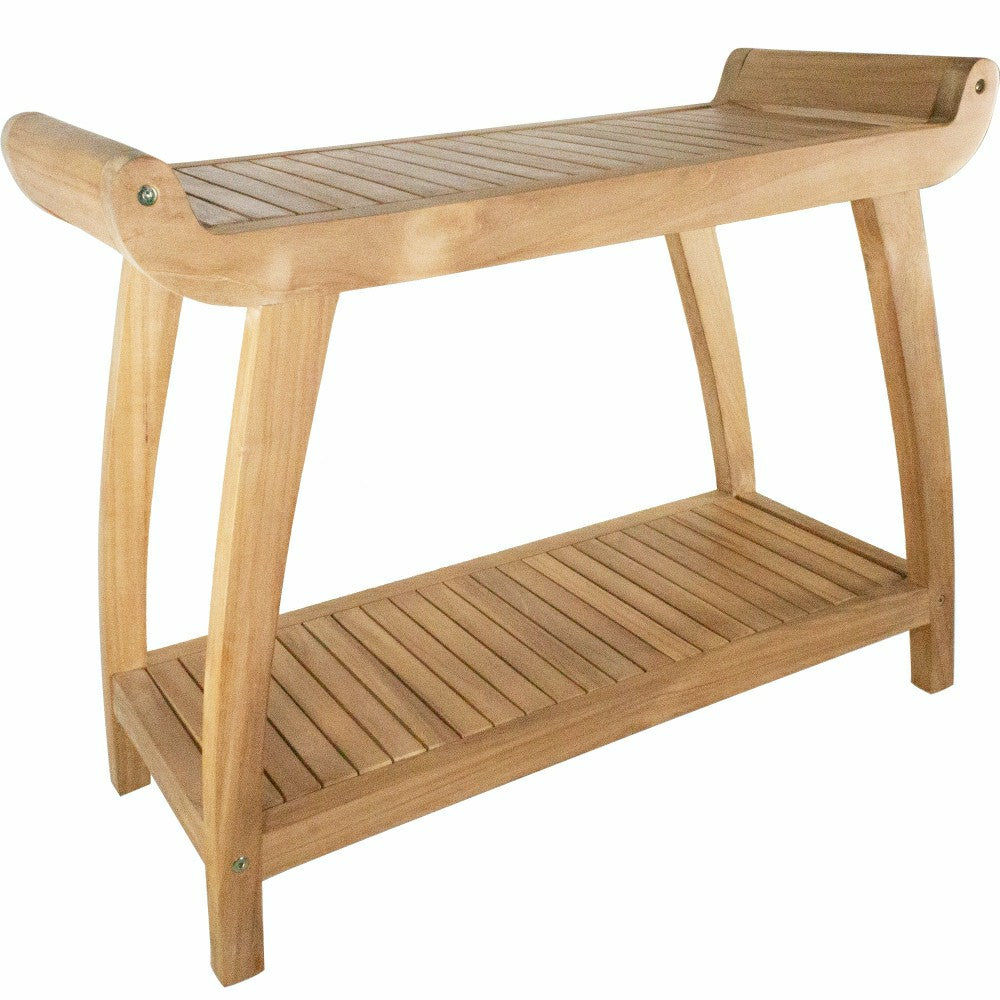 Norwegian Natural Teak Shower and Bath Curved Spa Bench with Shelf - 3 | Plow & Hearth
