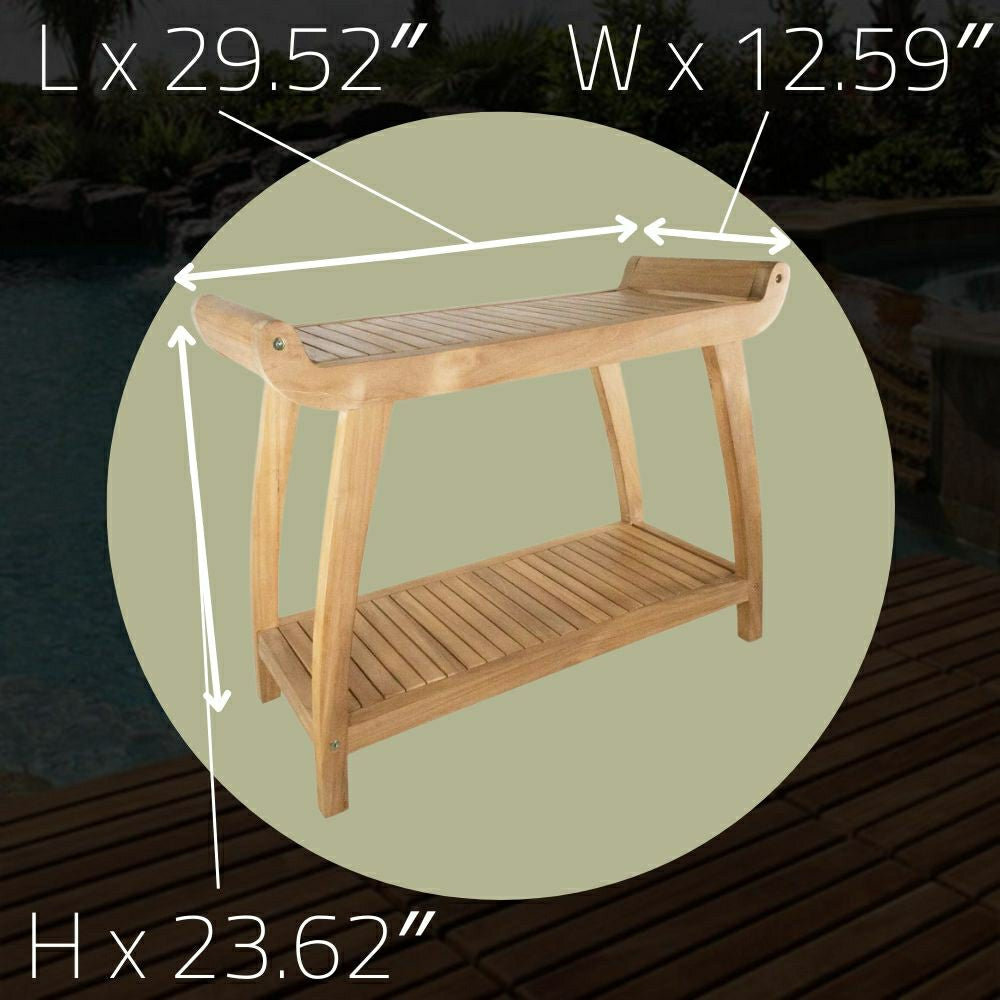Norwegian Natural Teak Shower and Bath Curved Spa Bench with Shelf - 3 | Plow & Hearth