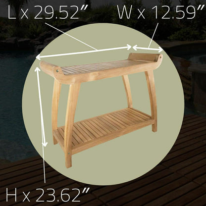 Norwegian Natural Teak Shower and Bath Curved Spa Bench with Shelf - 3 | Plow & Hearth