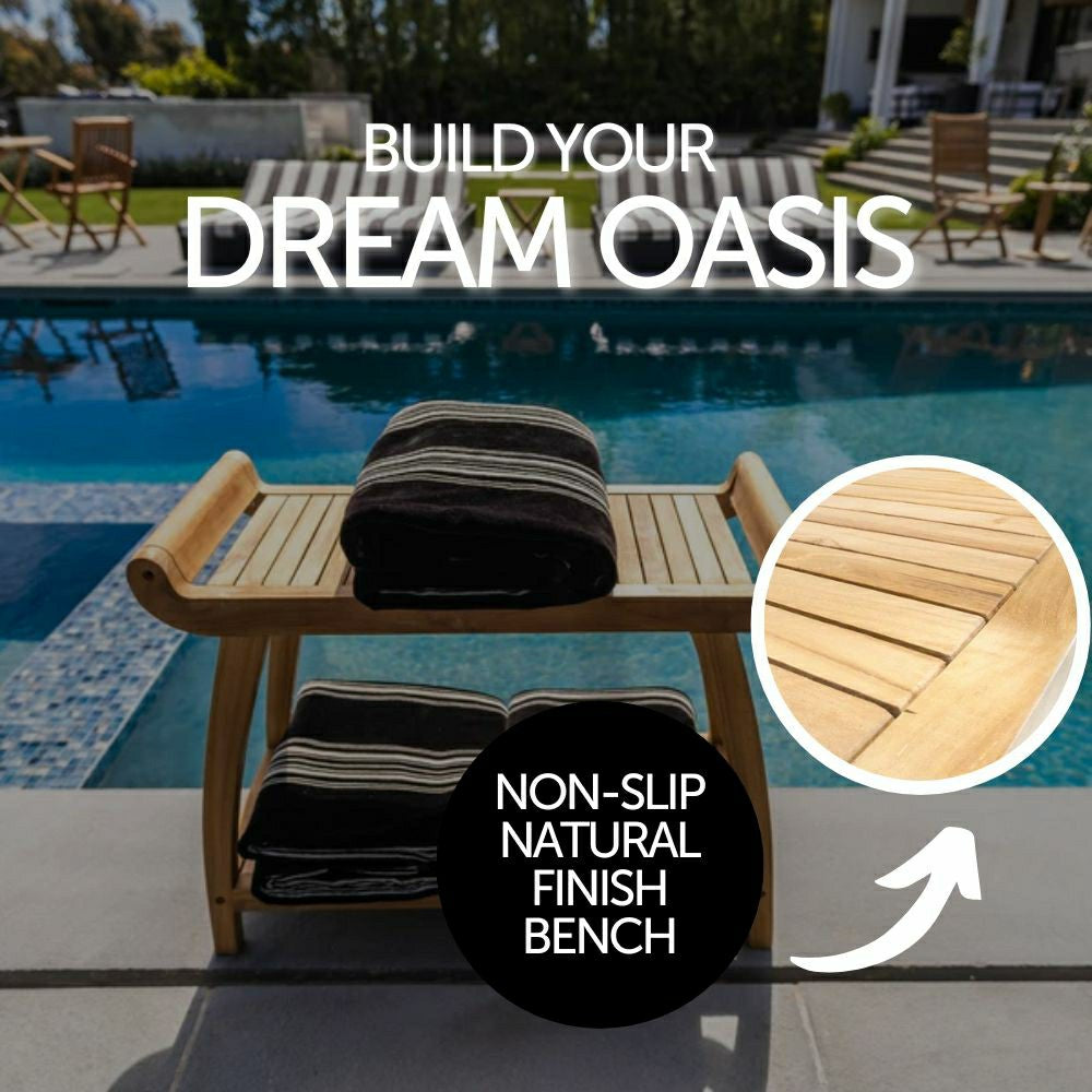 Norwegian Natural Teak Shower and Bath Curved Spa Bench with Shelf - 3 | Plow & Hearth