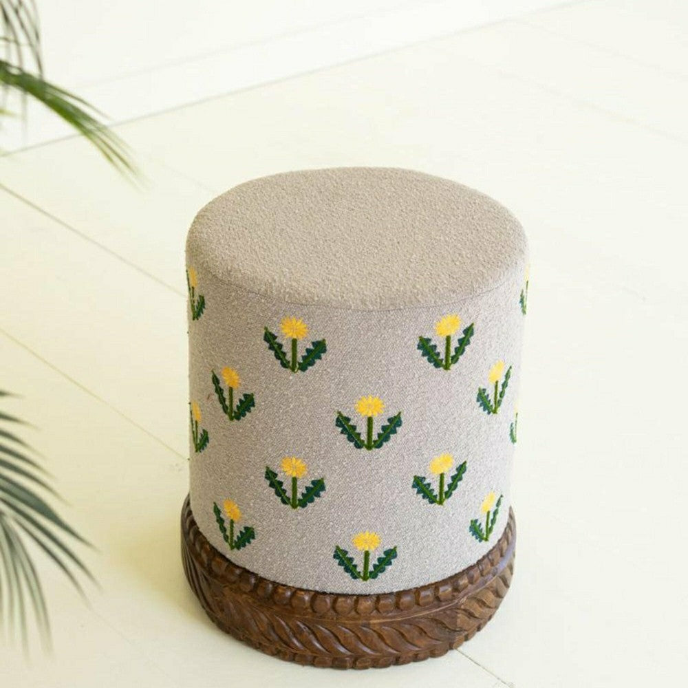 Upholstered Ottoman with Carved Wood Base, Gray | Plow & Hearth