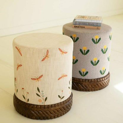 Upholstered Ottoman with Carved Wood Base, Gray | Plow & Hearth