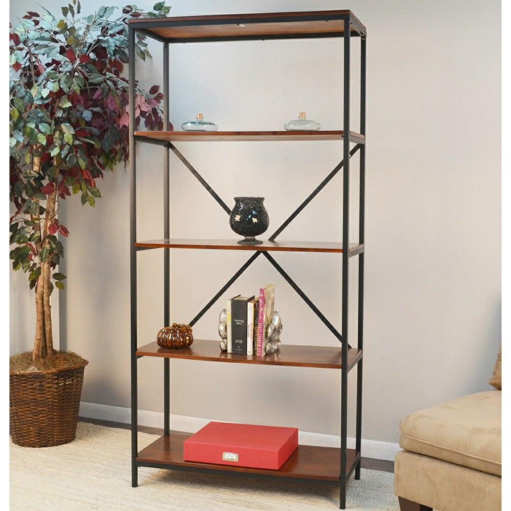 72"-High Five-Shelf Wood and Metal Bookcase | Plow & Hearth