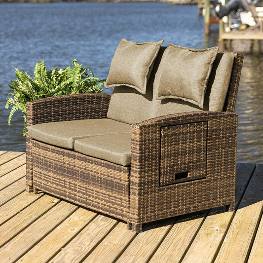 Multi-Functional Outdoor Wicker Love Seat Chaise Lounger with Taupe Cu | Plow & Hearth
