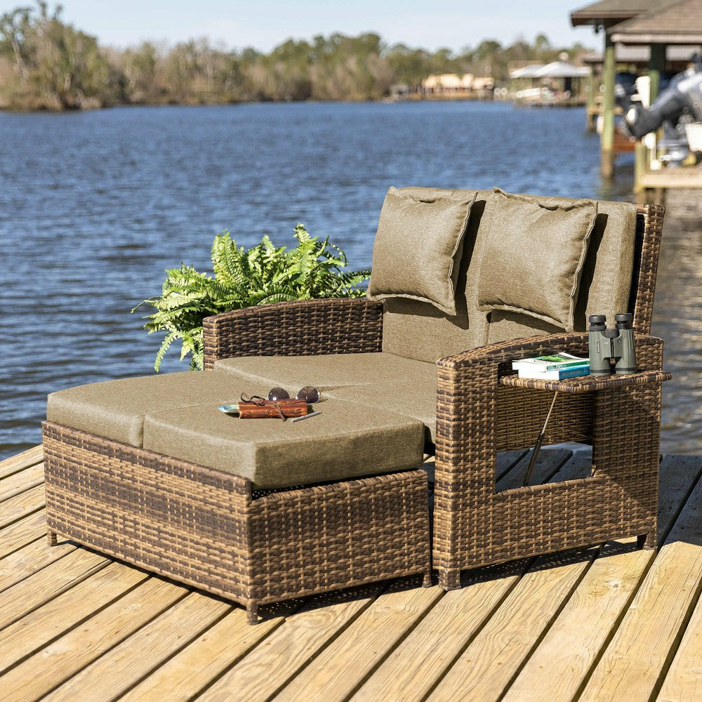 Multi-Functional Outdoor Wicker Love Seat Chaise Lounger with Taupe Cu | Plow & Hearth