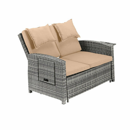 Multi-Functional Outdoor Wicker Love Seat Chaise Lounger with Taupe Cu | Plow & Hearth