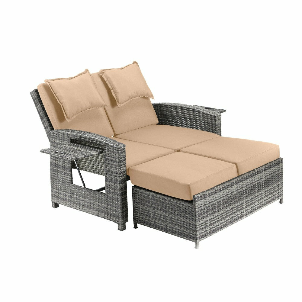 Multi-Functional Outdoor Wicker Love Seat Chaise Lounger with Taupe Cu | Plow & Hearth