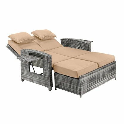 Multi-Functional Outdoor Wicker Love Seat Chaise Lounger with Taupe Cu | Plow & Hearth