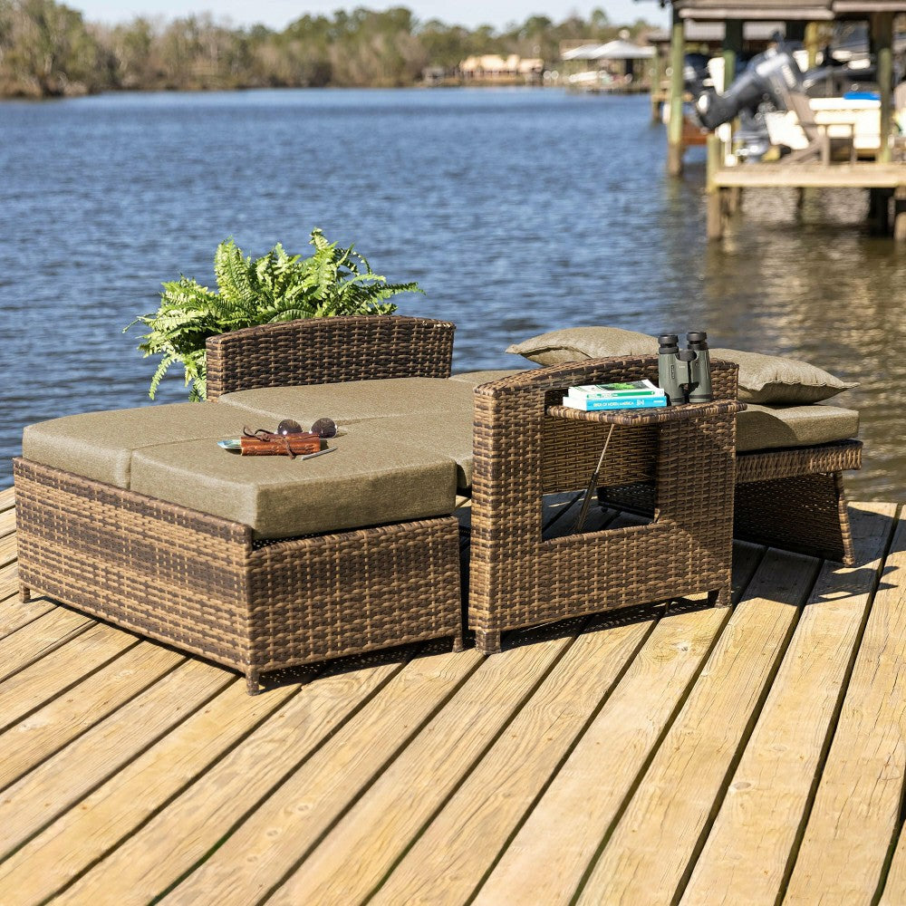 Multi-Functional Outdoor Wicker Love Seat Chaise Lounger with Taupe Cu | Plow & Hearth