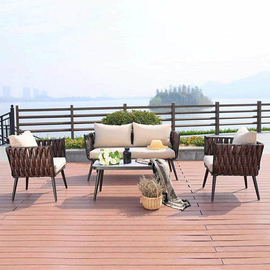 Steel Frame Wicker Sofa Set with Cushions, 4-Piece | Plow & Hearth