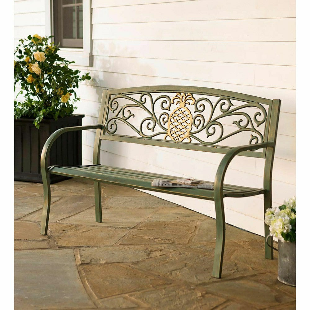 Pineapple Metal Garden Bench - Verdigris | Plow & Hearth
