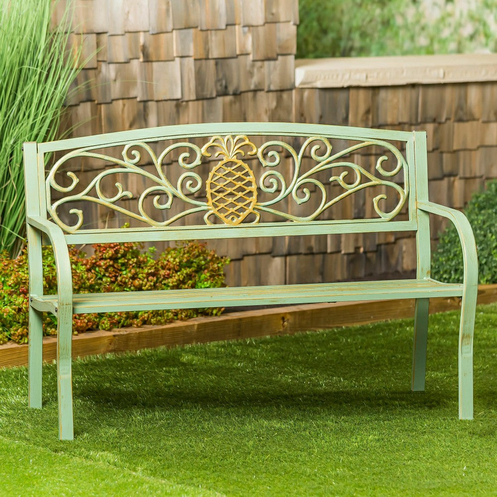 Pineapple Metal Garden Bench - Verdigris | Plow & Hearth