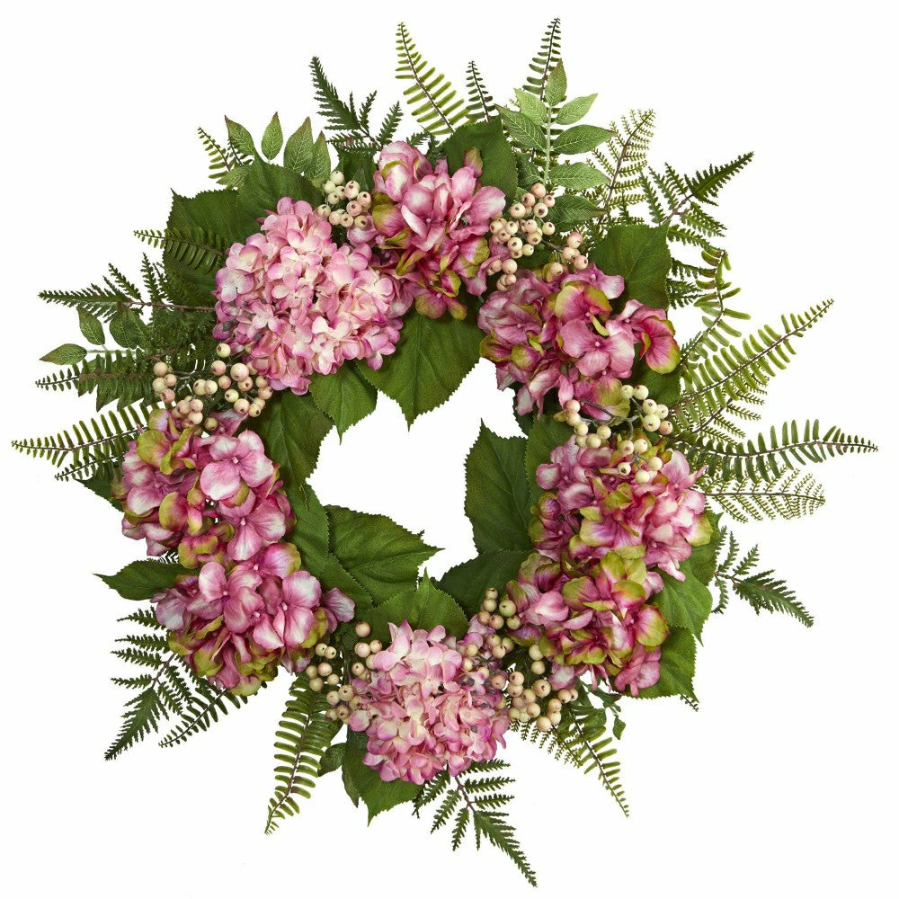 24” Artificial Pink Hydrangea Berry Wreath | Plow & Hearth