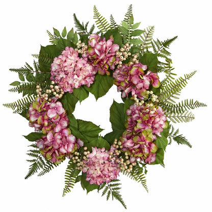 24” Artificial Pink Hydrangea Berry Wreath | Plow & Hearth