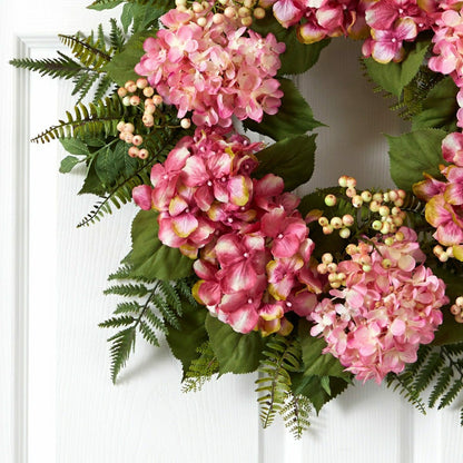 24” Artificial Pink Hydrangea Berry Wreath | Plow & Hearth