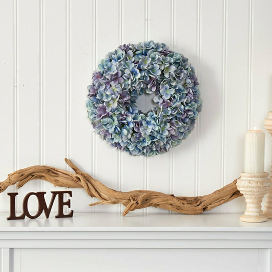 16” Hydrangea Artificial Wreath Ocean Blue | Plow & Hearth