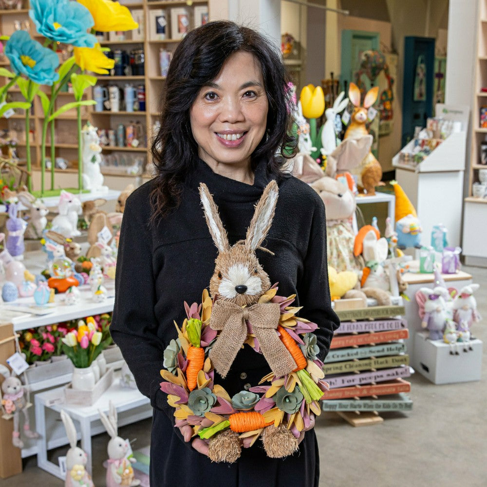 Hop Into Spring Faux Floral Hanging Decor Bunny with Carrots, 17.75"H | Plow & Hearth