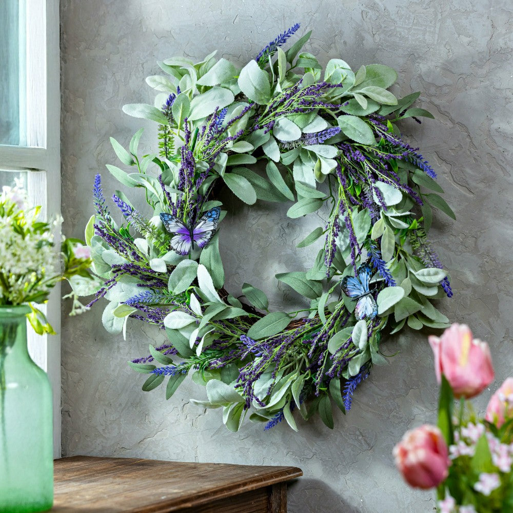 Cottage Garden Wreath Artificial Lavender with Butterflies, 21.5" | Plow & Hearth