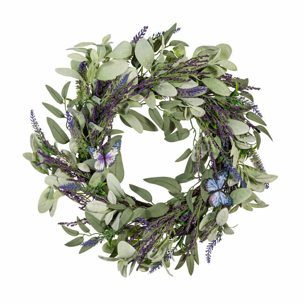 Cottage Garden Wreath Artificial Lavender with Butterflies, 21.5" | Plow & Hearth