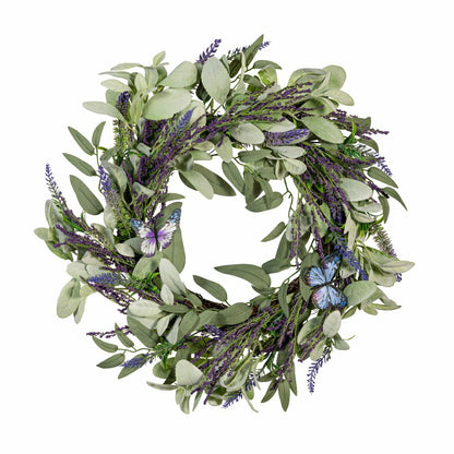 Cottage Garden Wreath Artificial Lavender with Butterflies, 21.5" | Plow & Hearth