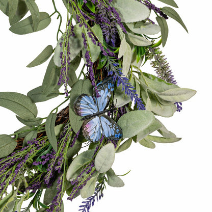 Cottage Garden Wreath Artificial Lavender with Butterflies, 21.5" | Plow & Hearth