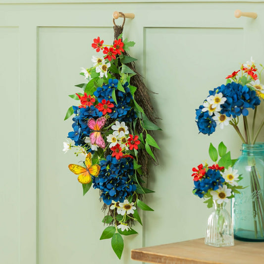 Red, White, & Bloom Swag Artificial Floral with Butterflies, 25"H | Plow & Hearth