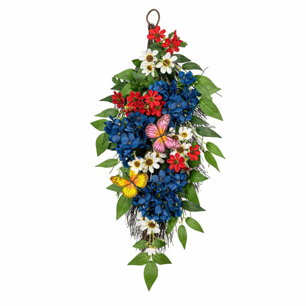 Red, White, & Bloom Swag Artificial Floral with Butterflies, 25"H | Plow & Hearth