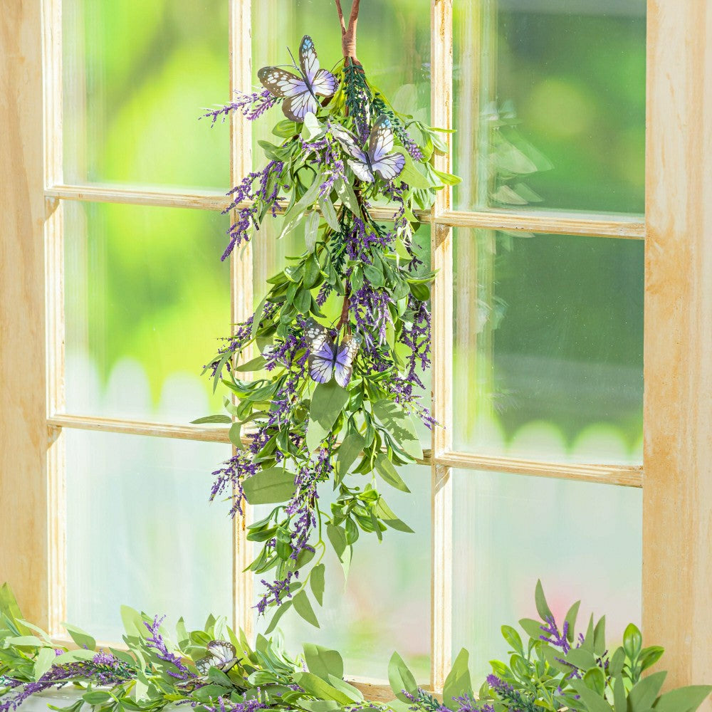 Pollinator Garden Swag Artificial Lavender with Butterflies, 25"H | Plow & Hearth