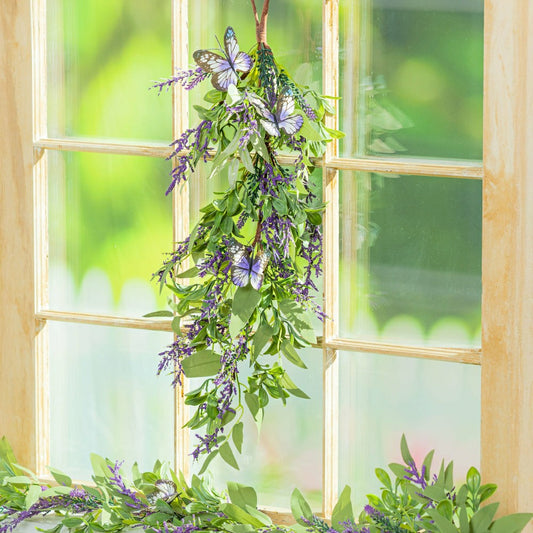 Pollinator Garden Swag Artificial Lavender with Butterflies, 25"H | Plow & Hearth