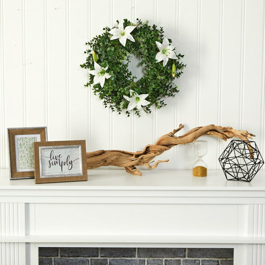 18” Eucalyptus and Lily Double Ring Artificial Wreath with Twig Base | Plow & Hearth