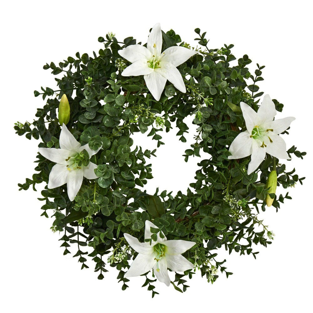 18” Eucalyptus and Lily Double Ring Artificial Wreath with Twig Base | Plow & Hearth