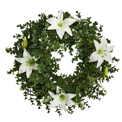 18” Eucalyptus and Lily Double Ring Artificial Wreath with Twig Base | Plow & Hearth