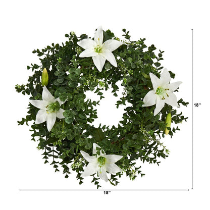 18” Eucalyptus and Lily Double Ring Artificial Wreath with Twig Base | Plow & Hearth