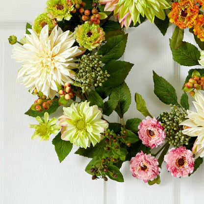 Spring Vibe Dahlia & Mum Wreath, 22” | Plow & Hearth