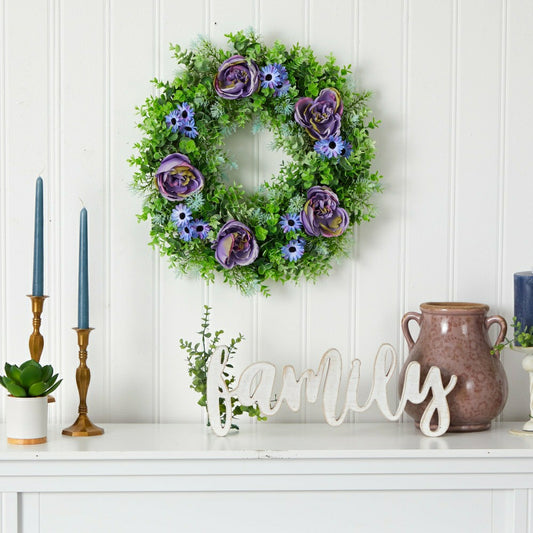 Purple Rose, Blue Daisy and Greens Artificial Wreath, 22” | Plow & Hearth
