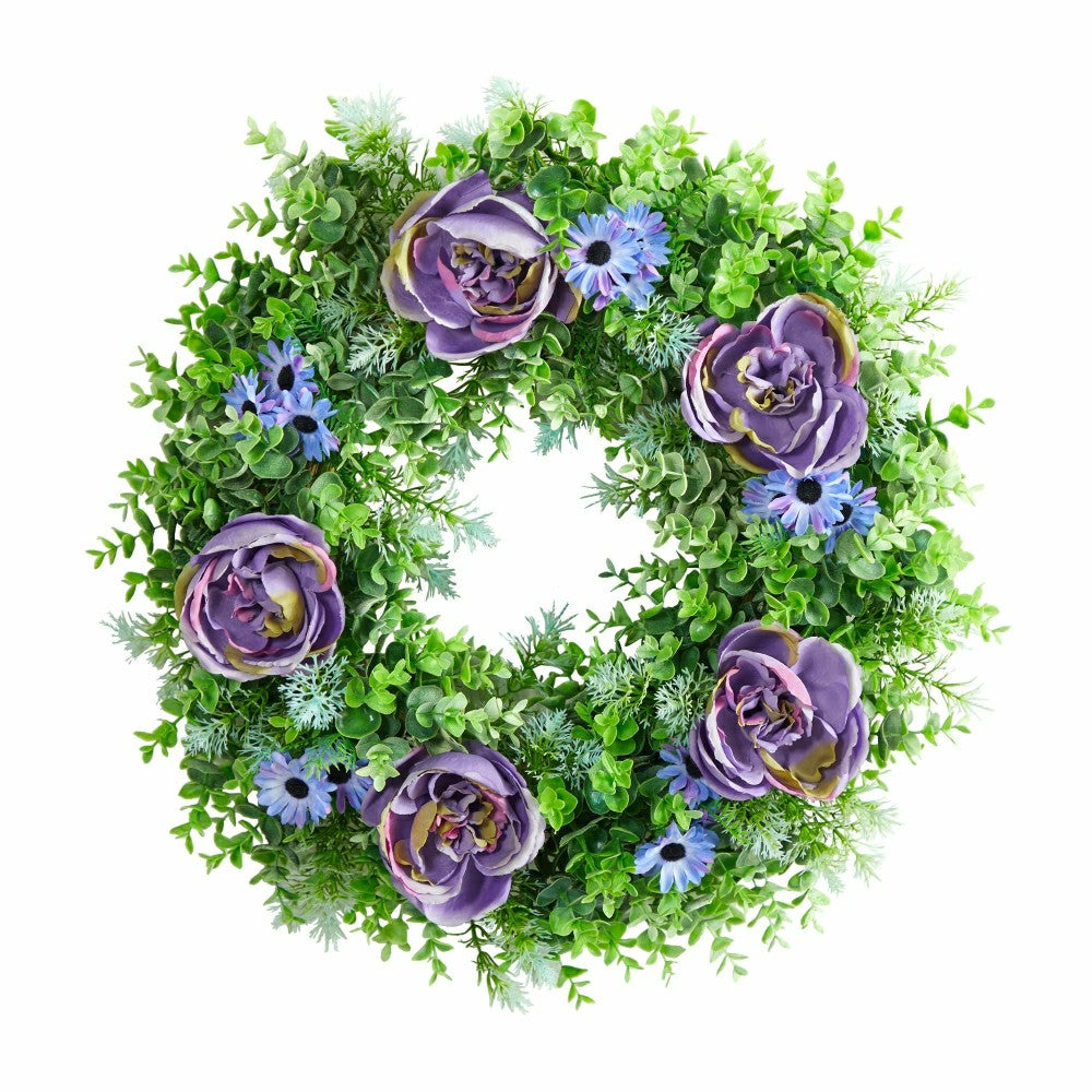 Purple Rose, Blue Daisy and Greens Artificial Wreath, 22” | Plow & Hearth