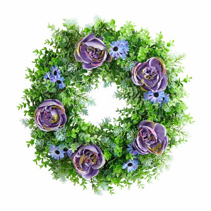 Purple Rose, Blue Daisy and Greens Artificial Wreath, 22” | Plow & Hearth