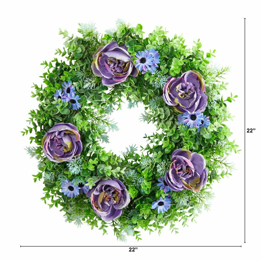 Purple Rose, Blue Daisy and Greens Artificial Wreath, 22” | Plow & Hearth