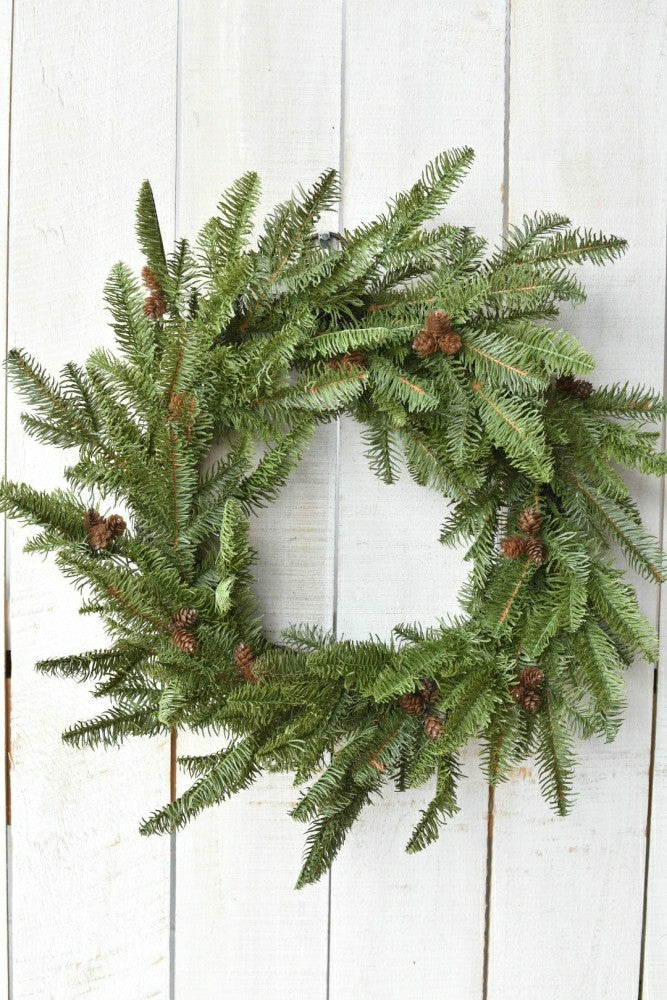 24" Faux Green Spruce Real Touch Wreath w/Faux Pinecones | Plow & Hearth