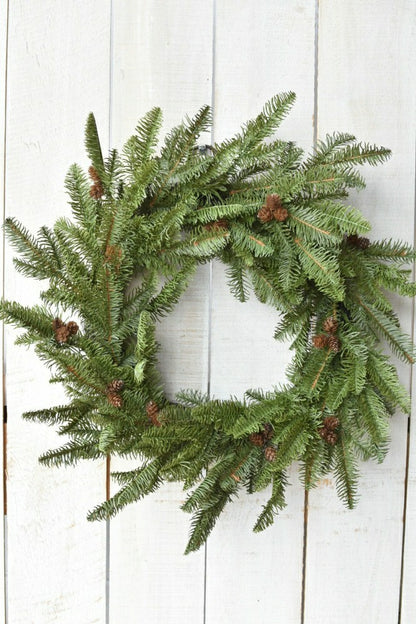 24" Faux Green Spruce Real Touch Wreath w/Faux Pinecones | Plow & Hearth