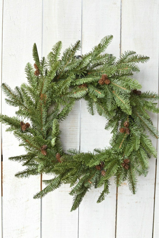 24" Faux Green Spruce Real Touch Wreath w/Faux Pinecones | Plow & Hearth