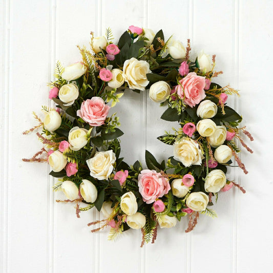 White & Pink Rose Artificial Wreath, 20” | Plow & Hearth