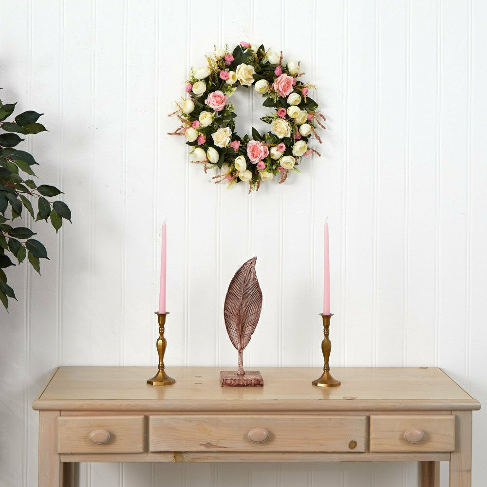 White & Pink Rose Artificial Wreath, 20” | Plow & Hearth