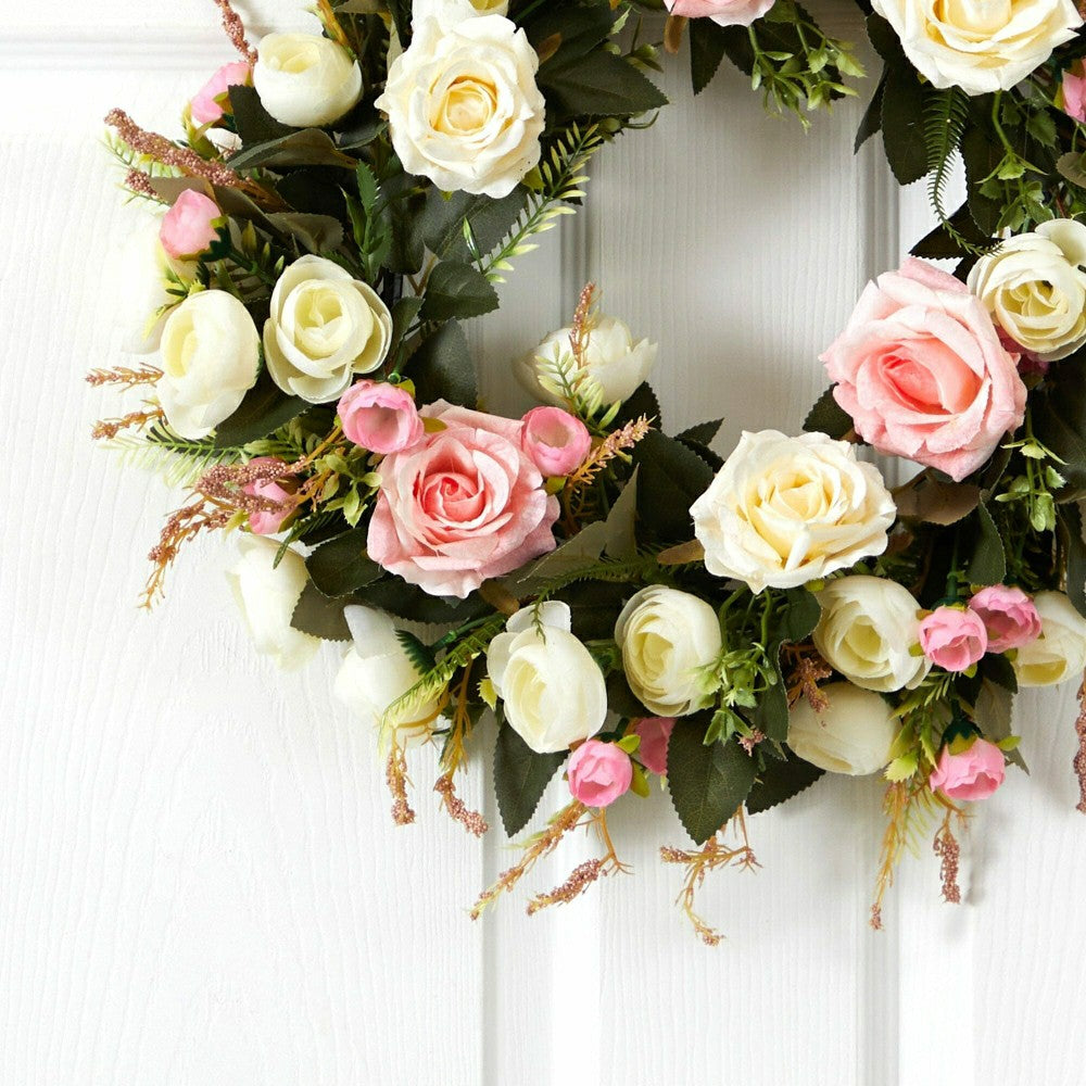 White & Pink Rose Artificial Wreath, 20” | Plow & Hearth